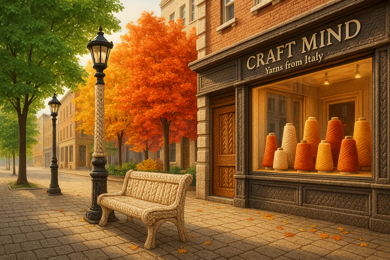  City landscape with corrected CRAFT MIND Yarns from Italy shop and yarn on cones