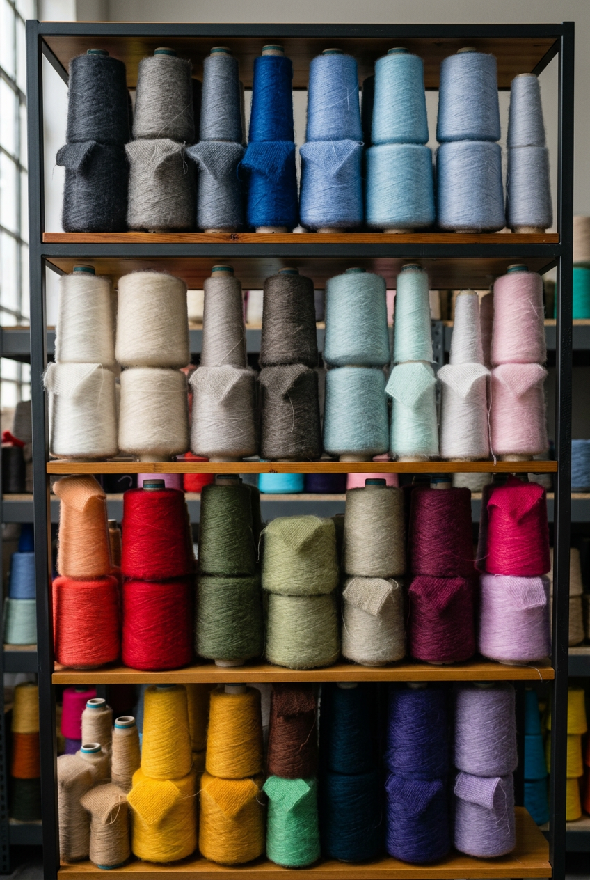 Industrial-editorial treatment of your real yarn shelving photograph